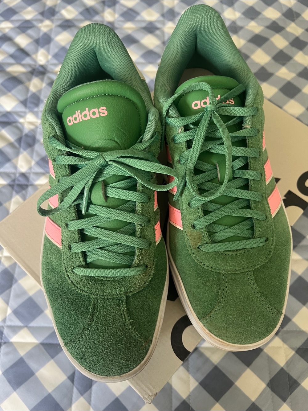 adidas LV Court Bold Green Suede Sneakers with Pink Stripe Accents